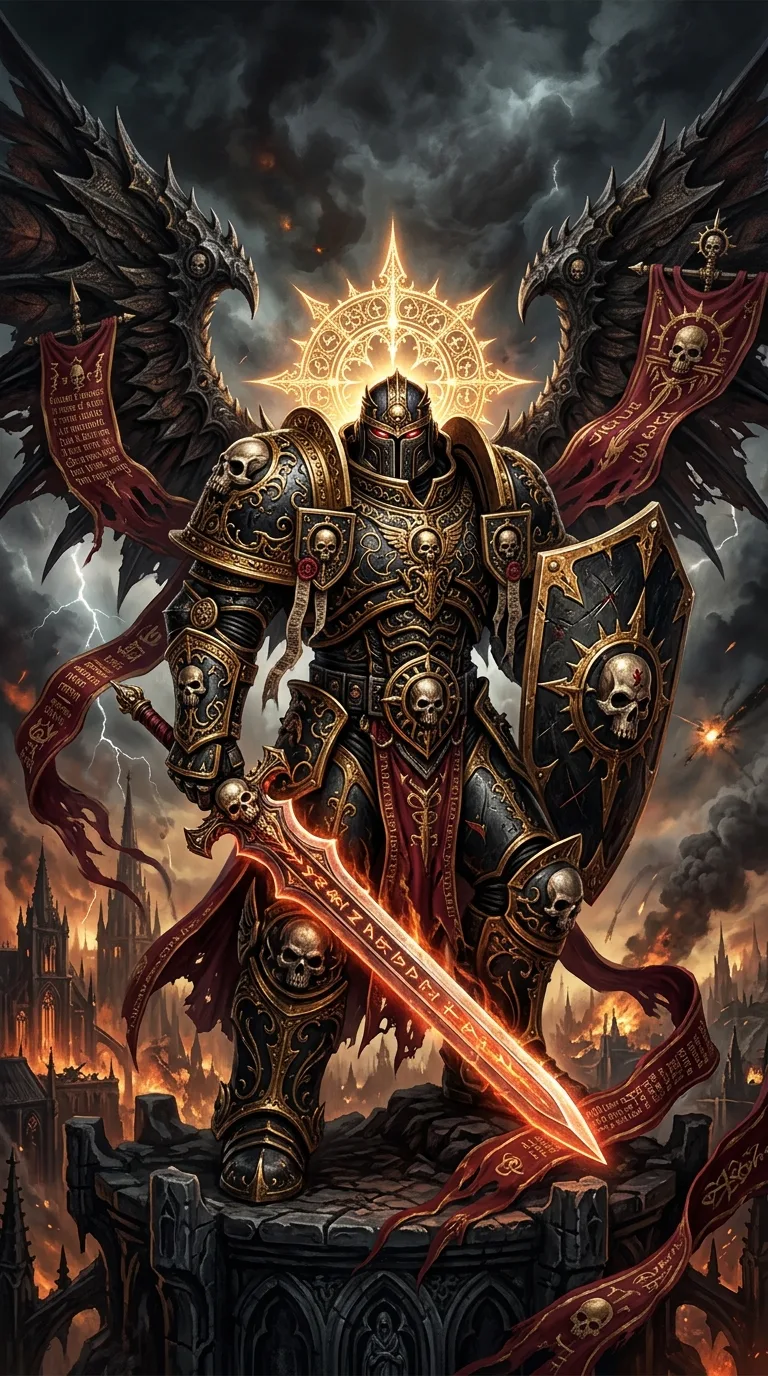 Intricate Gothic Armored Warrior with Golden Halos and Skulls - Free 4K mobile Wallpaper