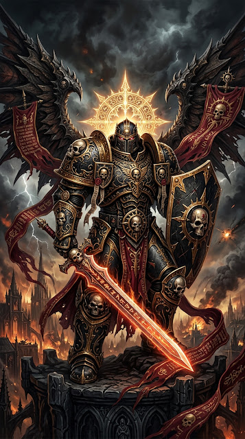 Intricate Gothic Armored Warrior with Golden Halos and Skulls - Free mobile Wallpaper
