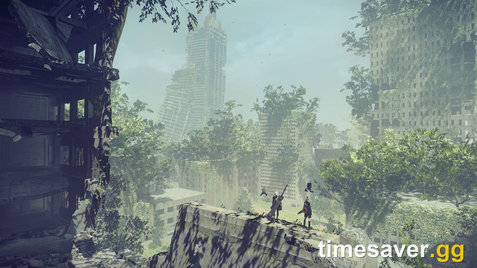 Official NieR: Automata screenshot of 2B and 9S standing on a ruined wall overlooking the overgrown City Ruins