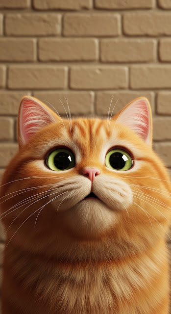 Fluffy Orange Cartoon Cat Peeking Against Brick Wall - Free mobile Wallpaper