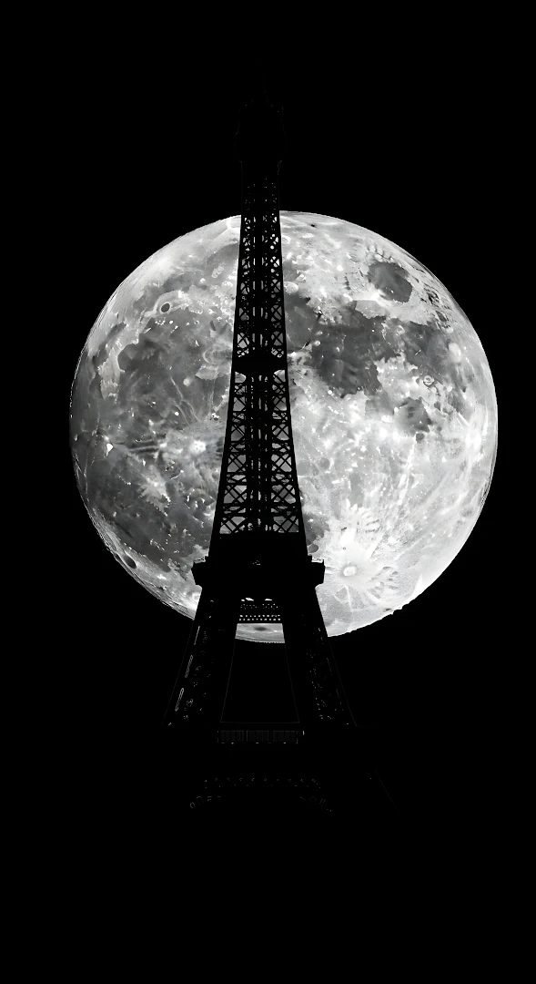 Eiffel Tower Silhouette Against Giant Full Moon Black White
