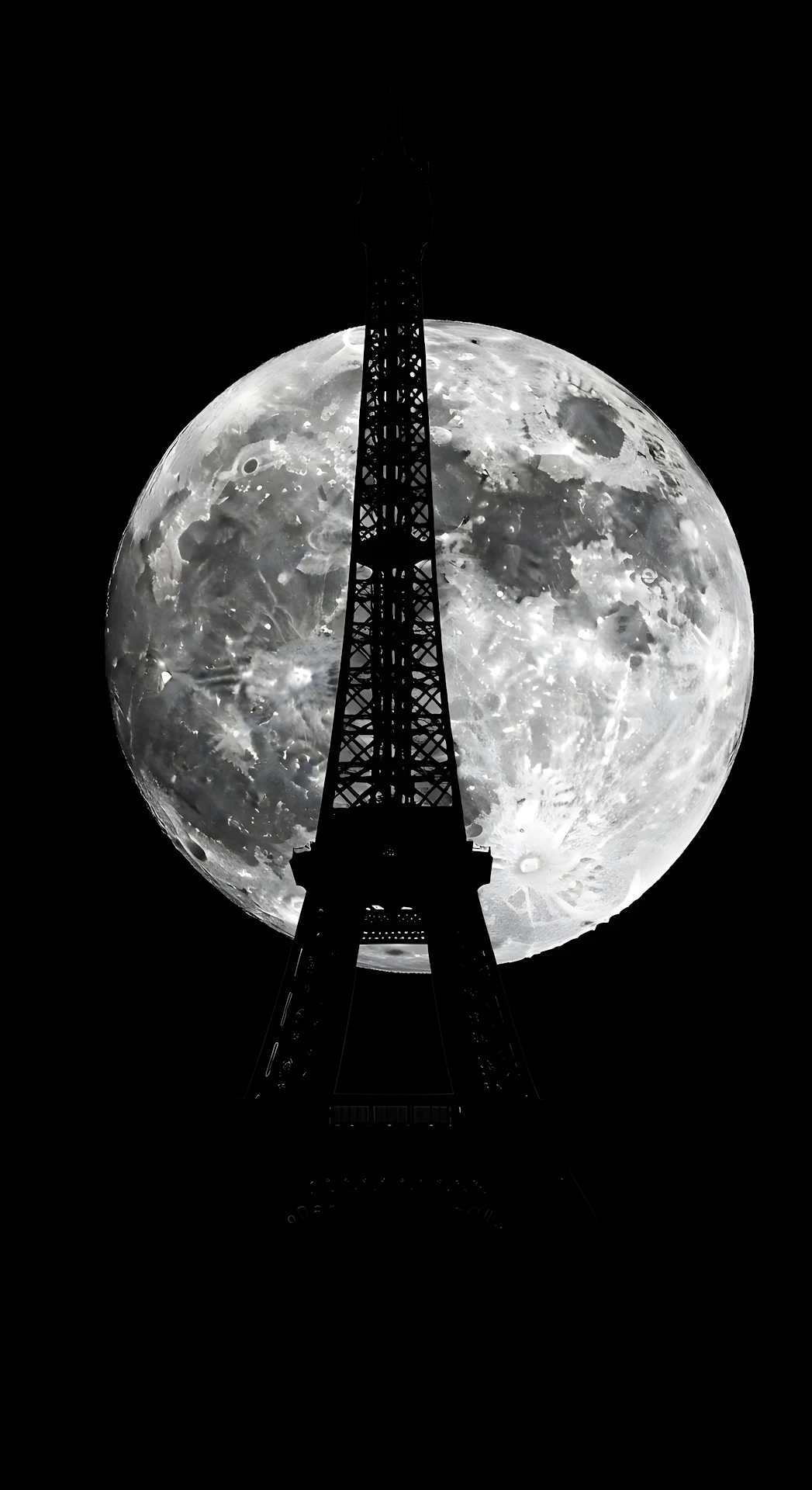 Eiffel Tower Silhouette Against Giant Full Moon Black White - Free 4K mobile Wallpaper
