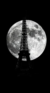 Eiffel Tower Silhouette Against Giant Full Moon Black White