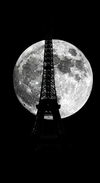 Eiffel Tower Silhouette Against Giant Full Moon Black White - Free mobile Wallpaper
