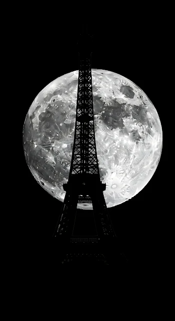 Eiffel Tower Silhouette Against Giant Full Moon Black White