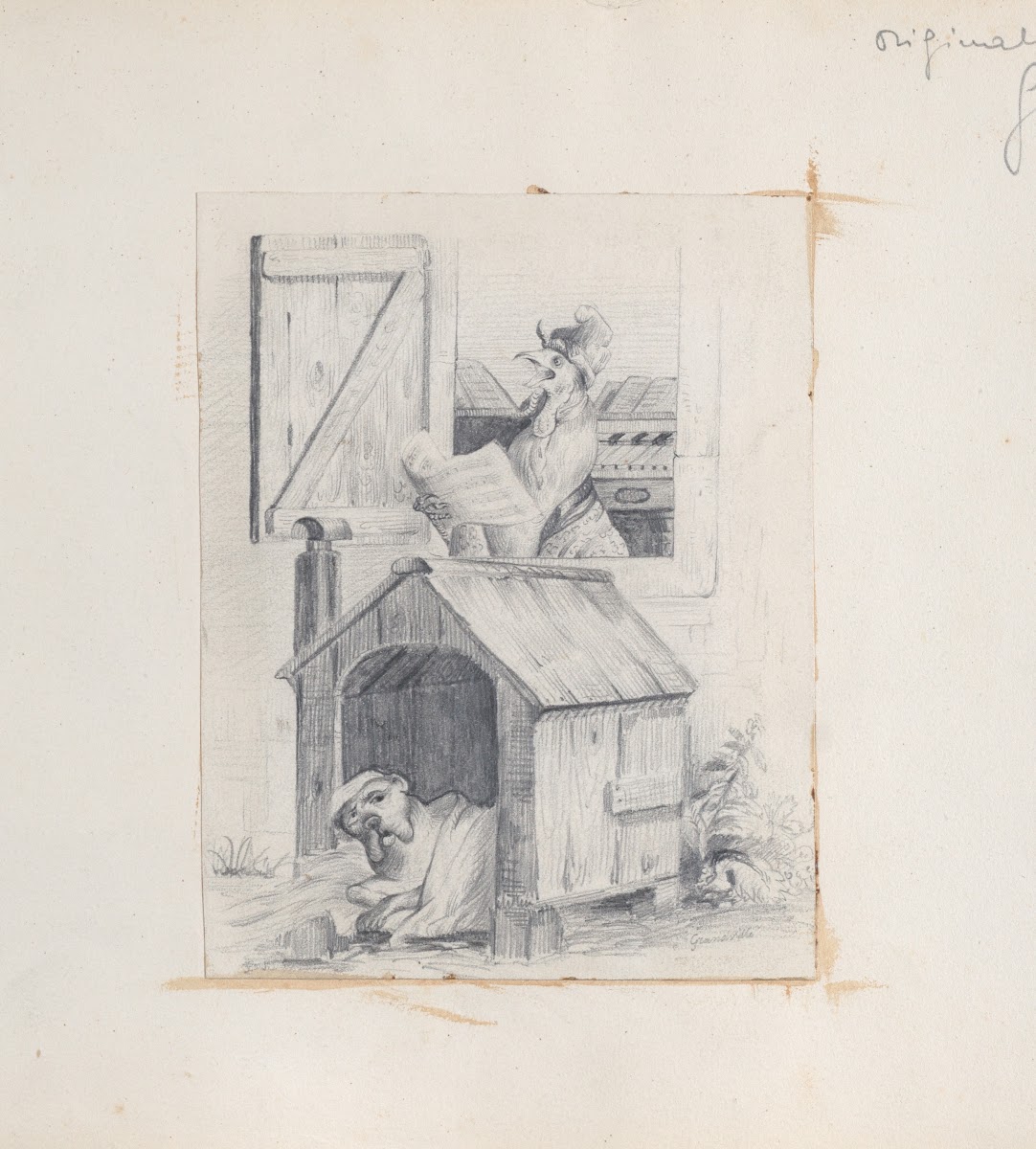 Dog in doghouse cock singing at window ca 1842