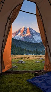 Serene Camping View of Snow Capped Mountain at Sunrise