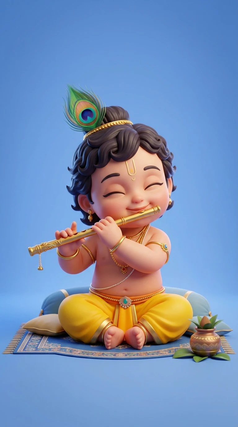 Cute 3D Render of Baby Krishna Playing Flute - Free 4K mobile Wallpaper