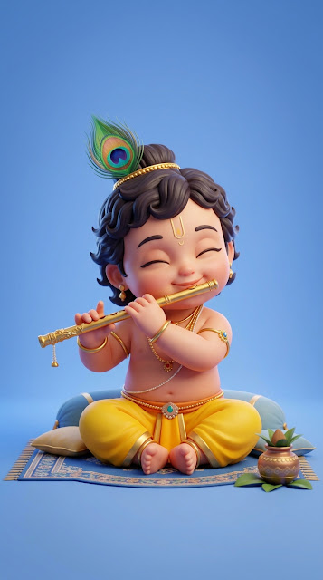 Cute 3D Render of Baby Krishna Playing Flute - Free mobile Wallpaper
