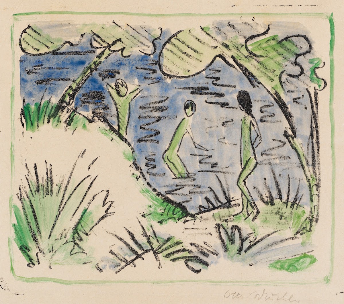 Zwei Knaben im Wasser und ein Mädchen am Ufer 1918