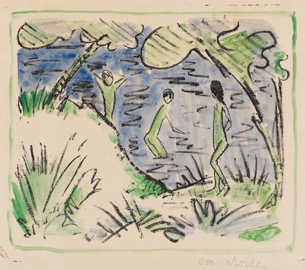 Zwei Knaben im Wasser und ein Mädchen am Ufer 1918