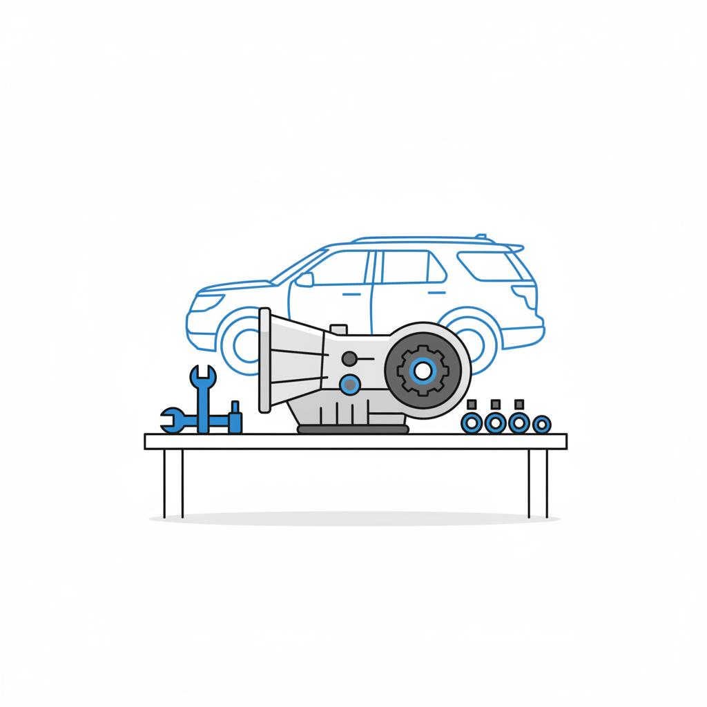 Minimalist 2D vector of a transmission on a white workbench with a simplified Ford Explorer silhouette in the background perfect for ford explorer for sale near me listings