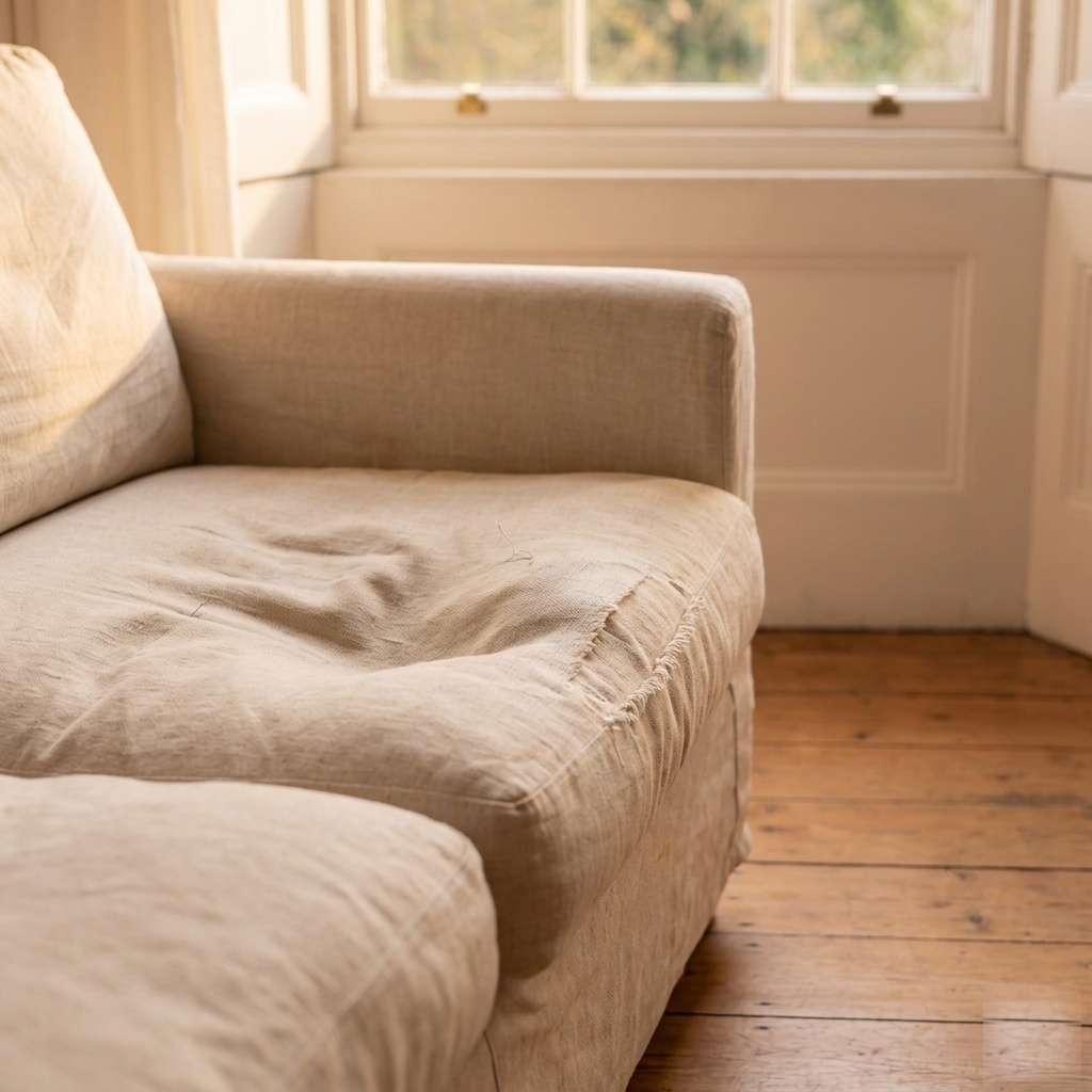 The end of the sofa where I actually read, the cushion worn flat — the reading corner I don't have yet.