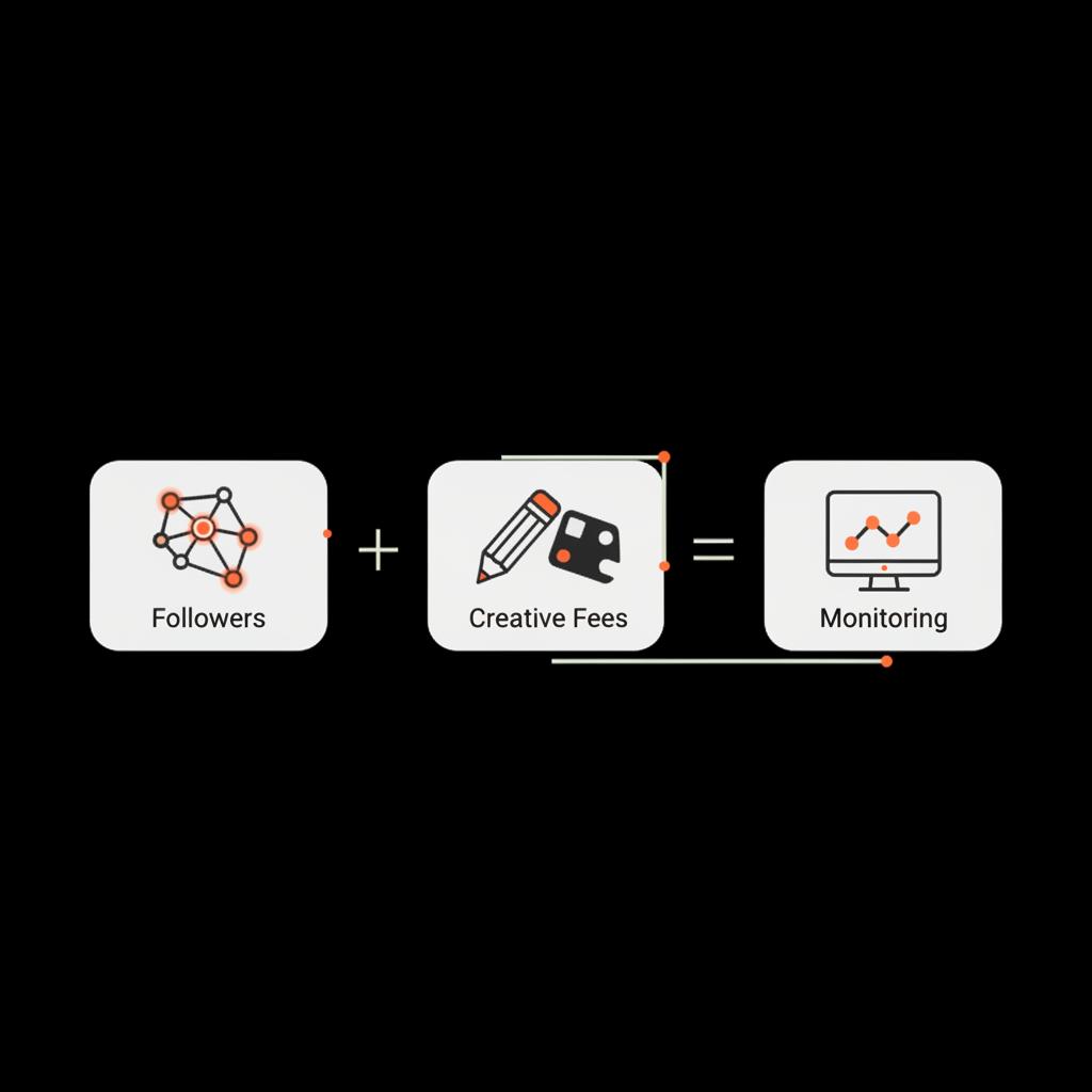 Minimal 2D vector infographic of a cost formula with icons for followers, creative fees, and monitoring on a black background — buy 500k Instagram followers