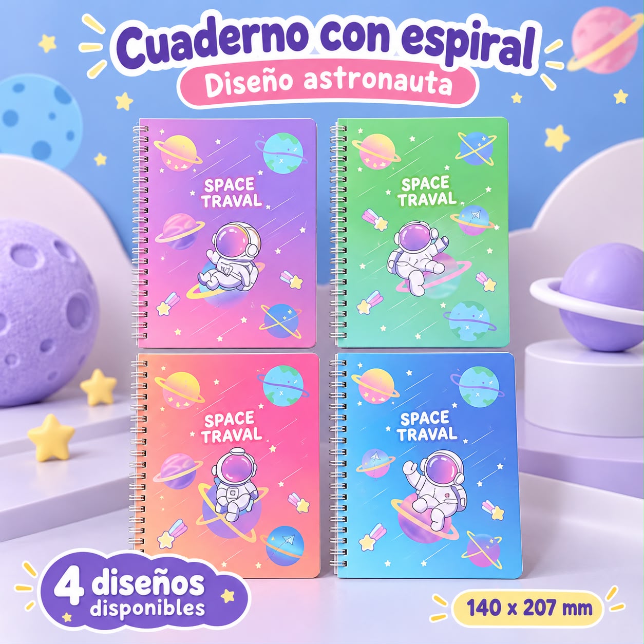 Cuaderno espiral Space Travel – 4 colores
