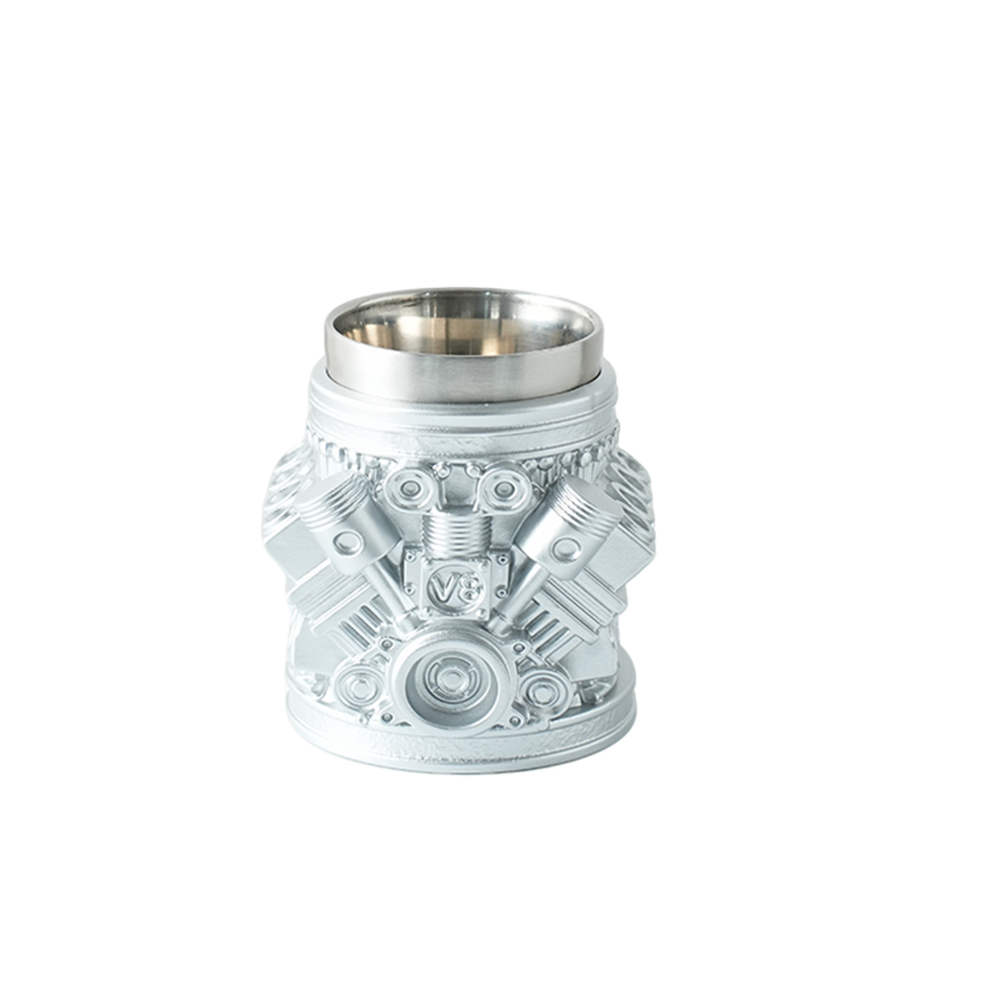 Stainless steel mug with engine design