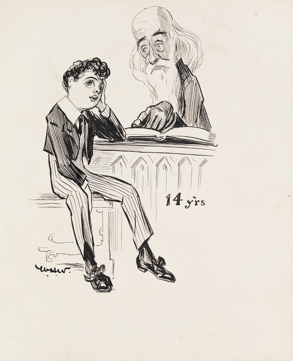 A boy at age 14 staring into space daydreaming while an old man tries to teach h