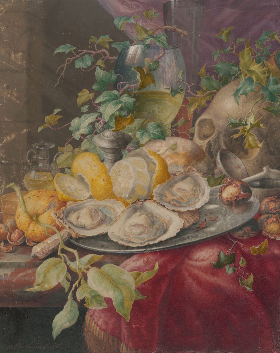 Vanitasstilleven met oesters en schedel 1677