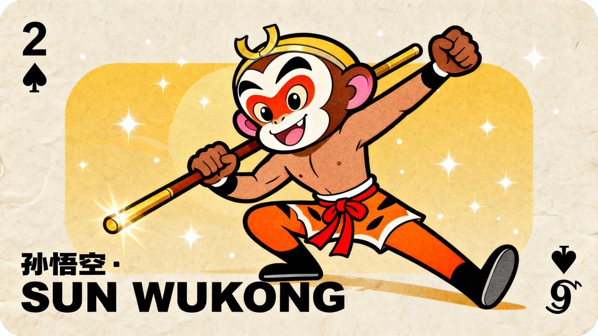 Ilustración de Sun Wukong en una tarjeta coleccionable de estilo pop art retro de los años 70.