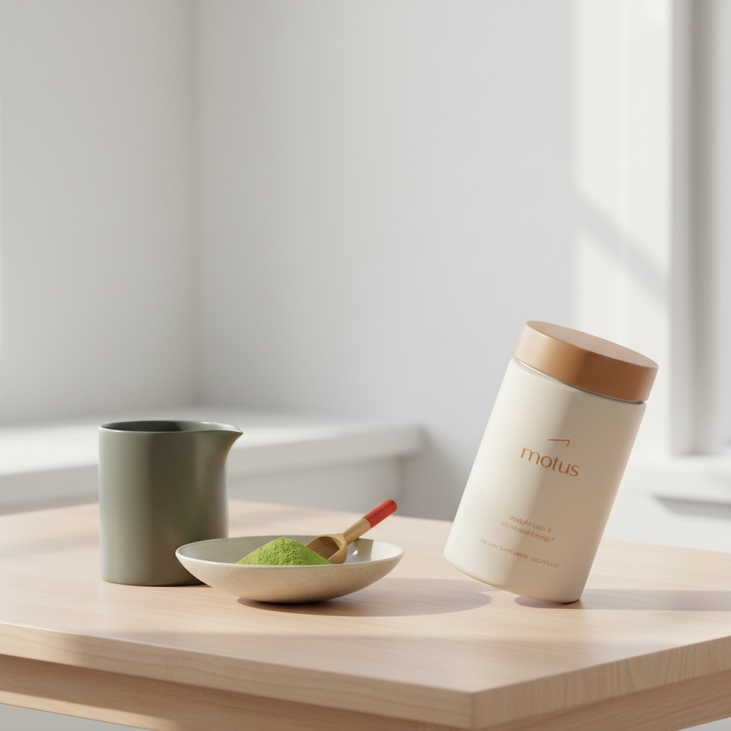 Motus supplement bottle beside a ceramic teapot and small bowl of matcha powder on a minimalist kitchen table in natural light — how many days does green tea take to reduce belly fat