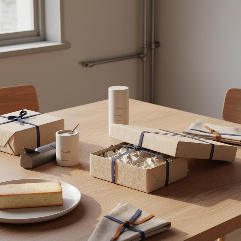 Detailaufnahme Esstisch mit geöffneten Geschenken, Vanillekuchen und Jochen Schweizer Geschenkboxen, Betonung auf Papier-, Metall- und Holztexturen, warme industrielle Beleuchtung