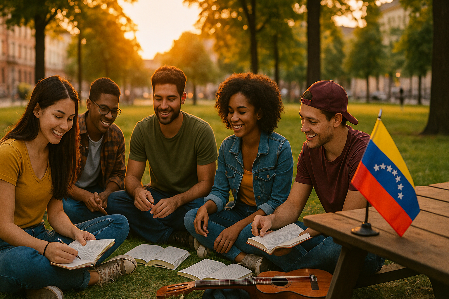 Venezolanos estudiando en círculo en un parque urbano, con banderitas y cuadernos