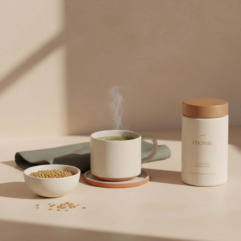 Tonum Motus container with fenugreek seeds and a cup of green tea on a minimalist kitchen counter, illustrating natural appetite suppressants in a calm clinical lifestyle scene