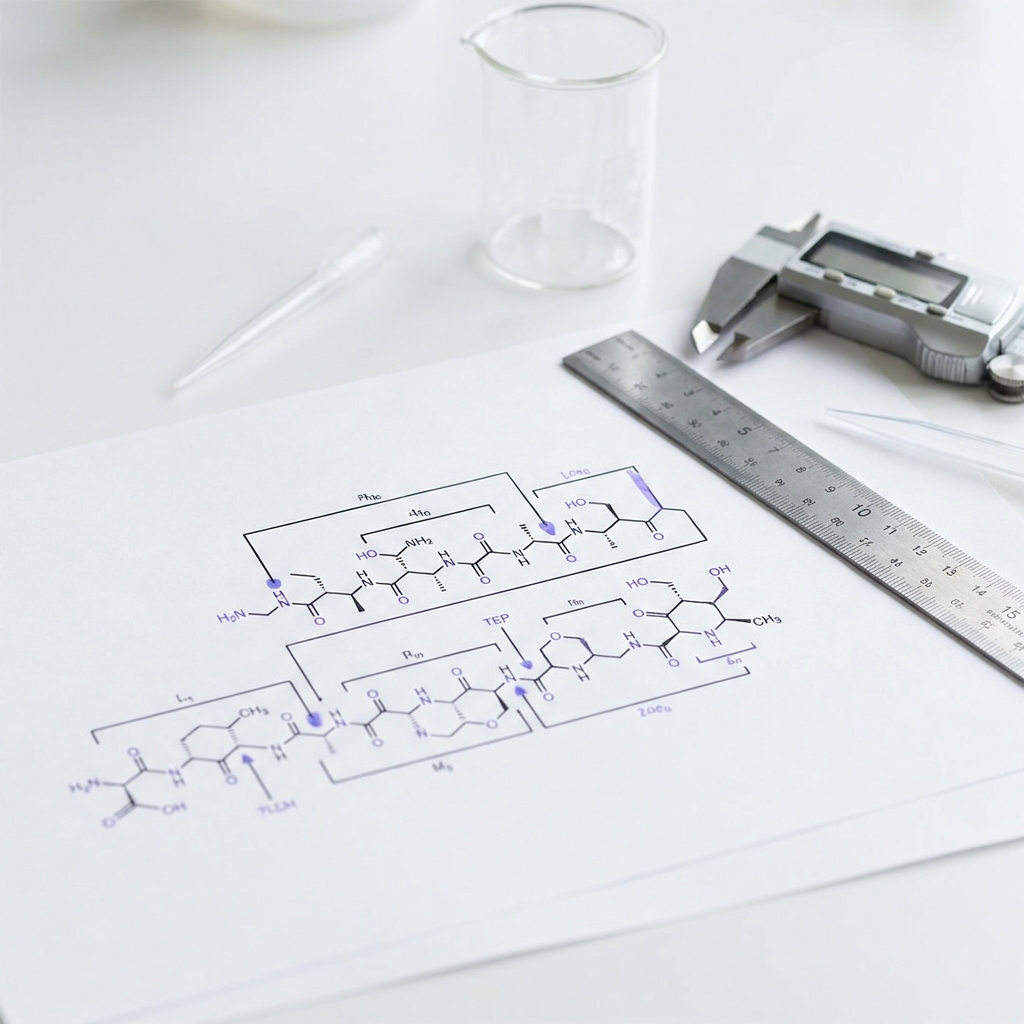 Close up of a peptite chain schematic on a clean white lab bench with caliper ruler and pipette and soft violet 7173eb accents minimal Peptide World aesthetic