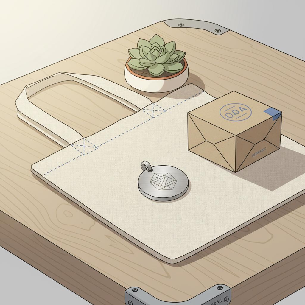 Nahaufnahme eines personalisierten Edelstahl‑Anhängers auf Leinentasche neben kleiner Topfpflanze und kompostierbarer Schachtel; Fokus auf Material und Haptik, mitbringsel statt blumen