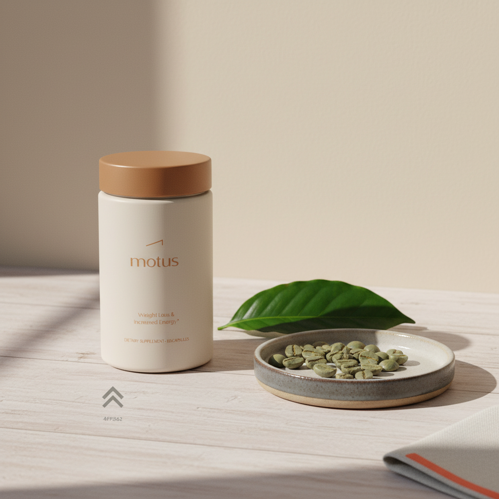 Minimalist product photo of Motus supplement bottle with green coffee beans and a coffee leaf on light wood background; does green coffee reduce belly fat context