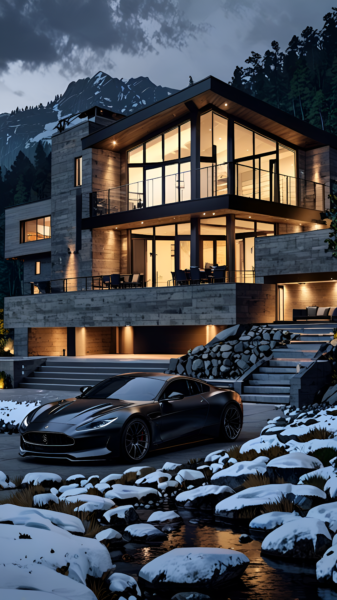 Contemporary Alpine Home Winter Dusk Scene - Free 4K mobile Wallpaper