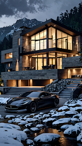 Contemporary Alpine Home Winter Dusk Scene