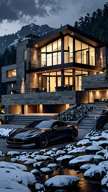 Contemporary Alpine Home Winter Dusk Scene - Free mobile Wallpaper