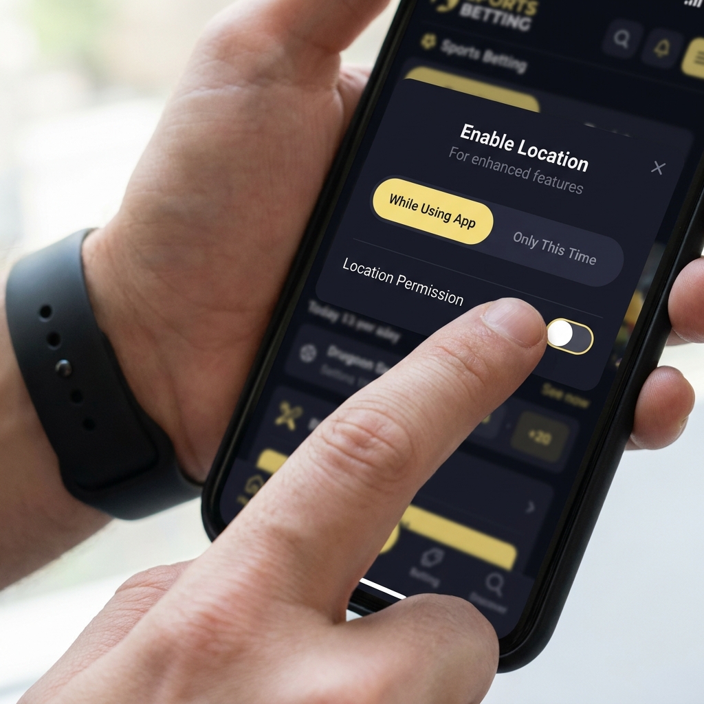 Close shot of a hand enabling location permission on a smartphone showing a blurred mi sports betting interface with dark minimalist background and subtle accent highlight
