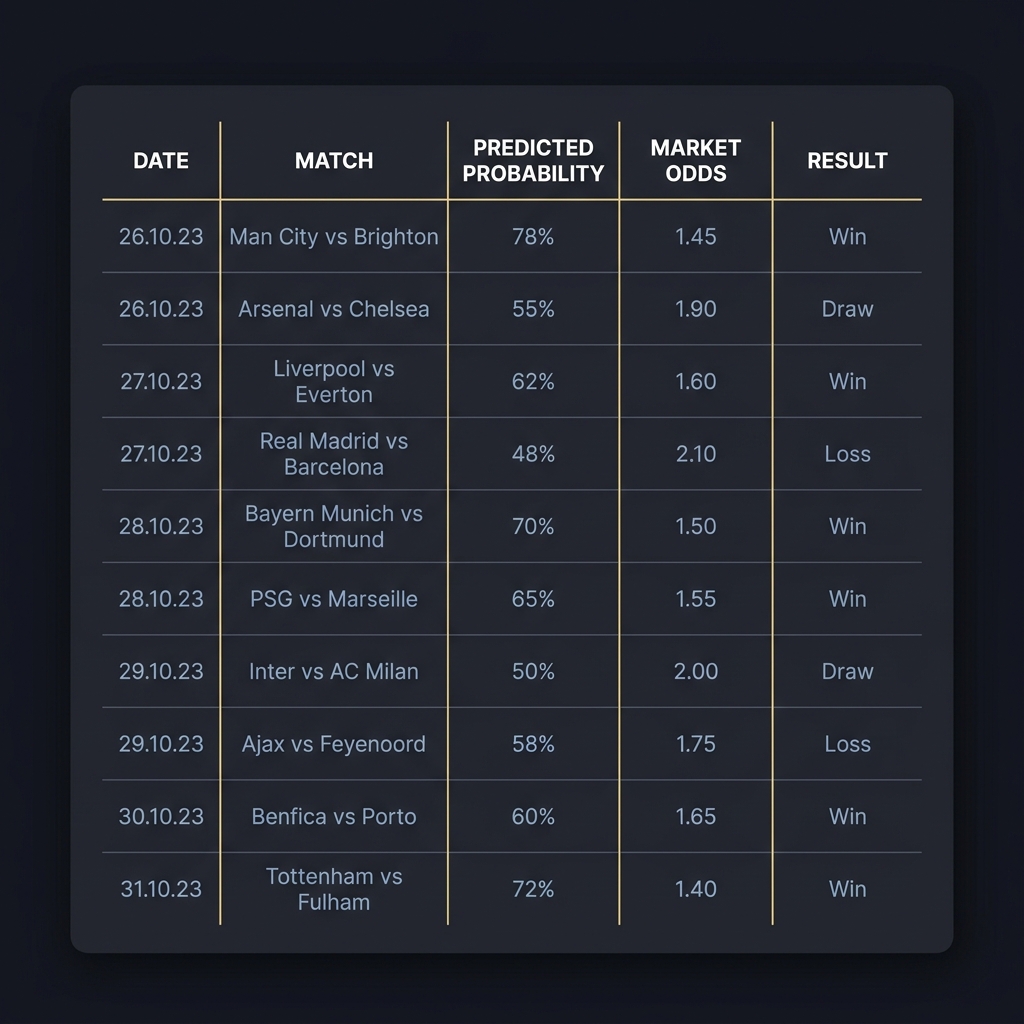 Close up tracking sheet with columns date match predicted probability market odds and result in Funded Plays dark minimalist interface for football prediction apps
