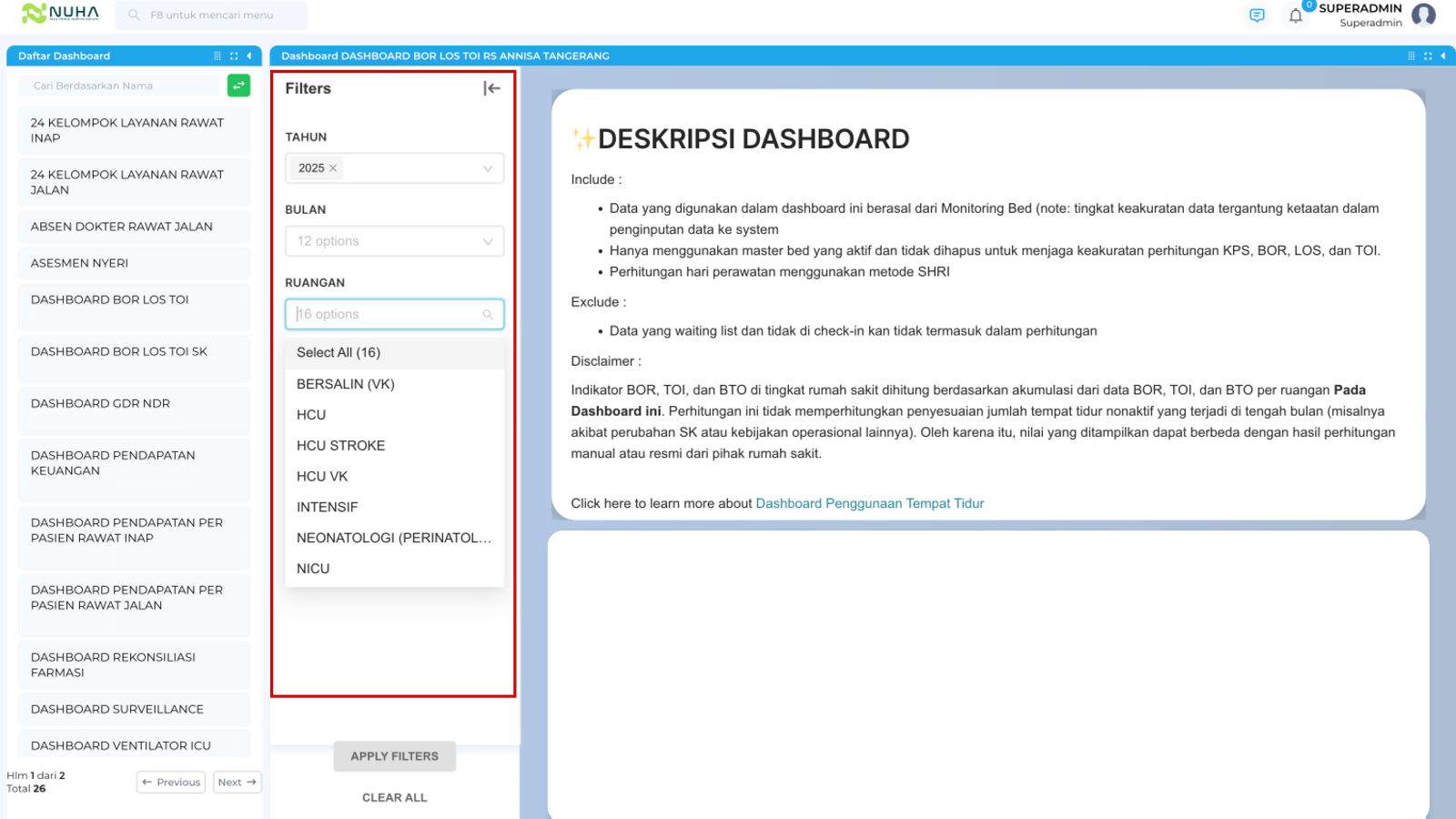 Tampilan fitur Filter & Analisis Data pada NUHA Executive Dashboard