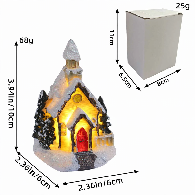 Beleuchtetes Miniatur-Weihnachtshaus mit Schneelandschaft