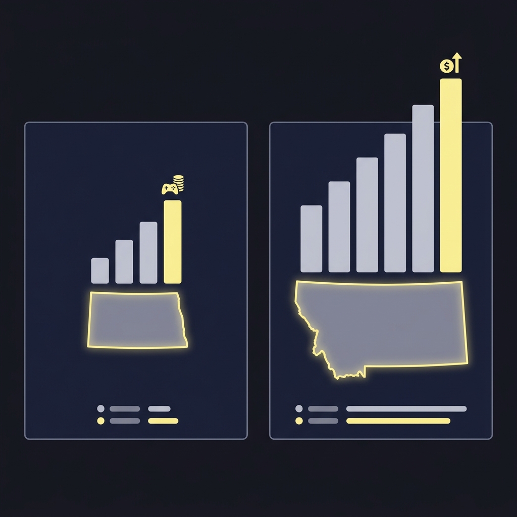 Minimalist 2D vector split infographic comparing a small state with high per capita gaming and a large state with high total revenue states with gambling in Funded Plays brand colors full bleed
