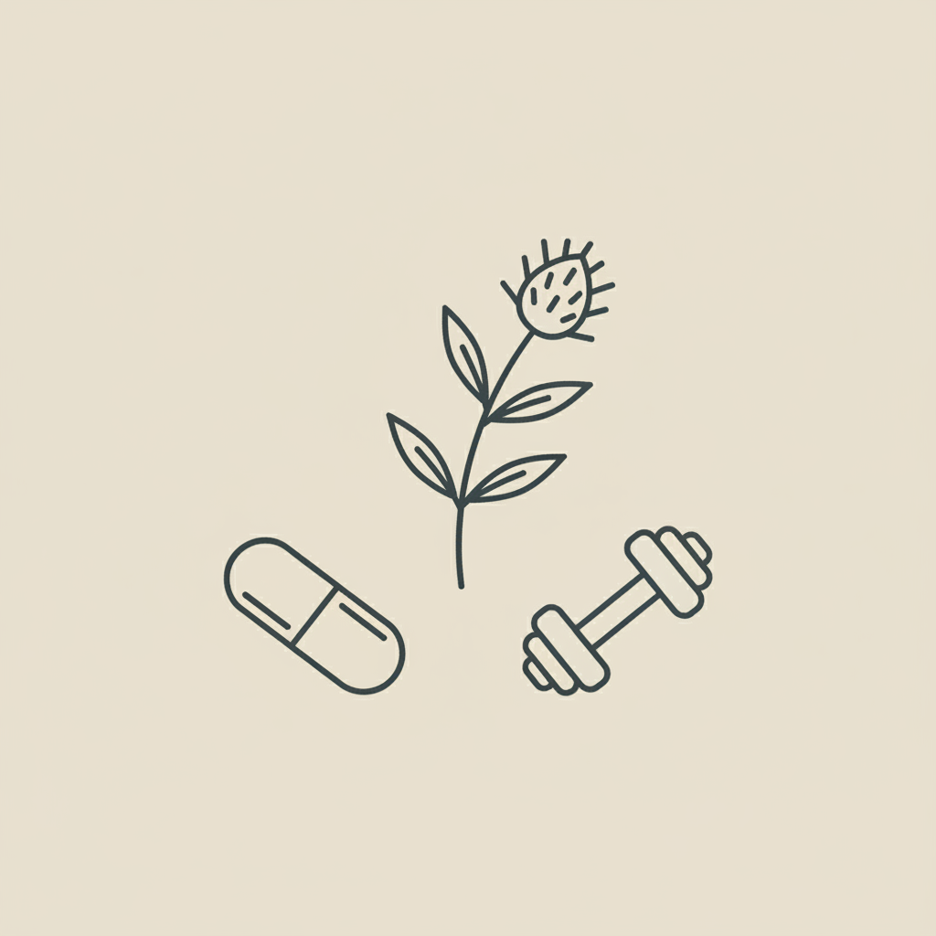 Minimal Tonum-style 2D vector line illustration of a capsule, small dumbbell, and milk thistle sprig on beige background representing most effective fat burner
