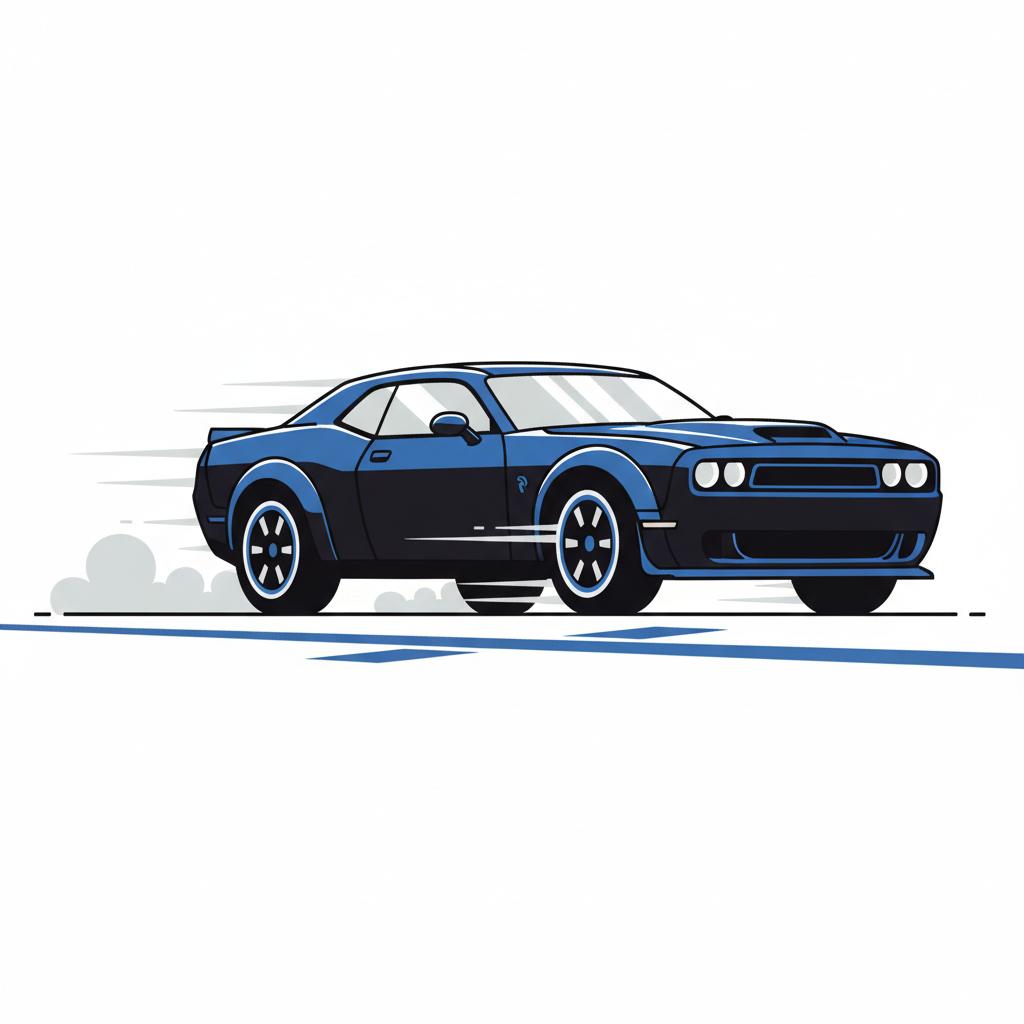 Vector rear three quarter view of a Hellcat style muscle car launching on a drag strip minimalist white background with blue accents, audi rs7 for sale