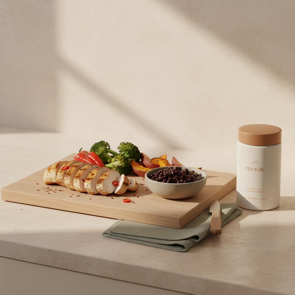 TEF-focused meal of grilled chicken, black beans and roasted vegetables with chili flakes beside a Tonum Motus container on a neutral counter — what food speeds up metabolism
