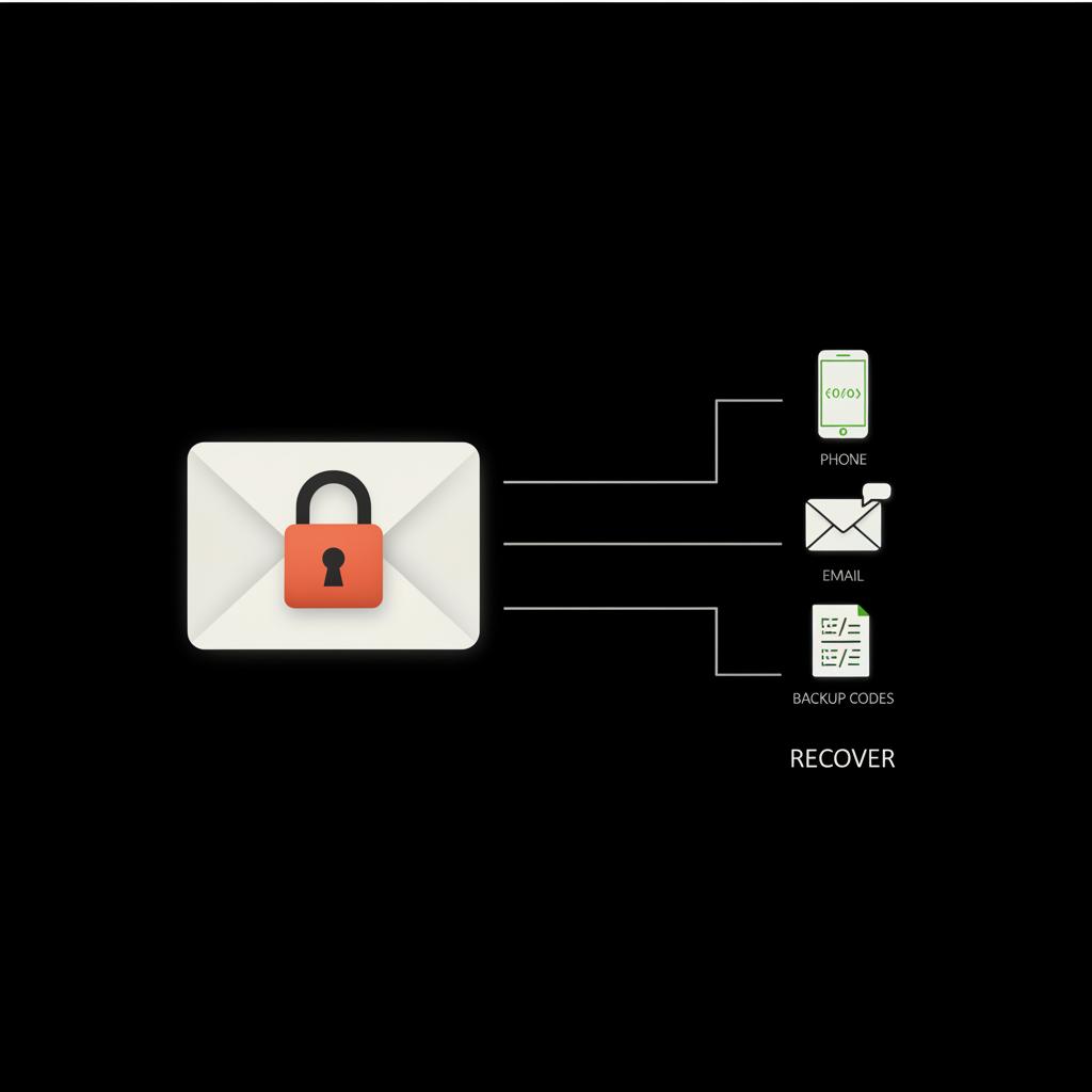 Minimal vector infographic of a locked email inbox with phone, email, and backup-code icons on a black background illustrating the gmail account recovery process.