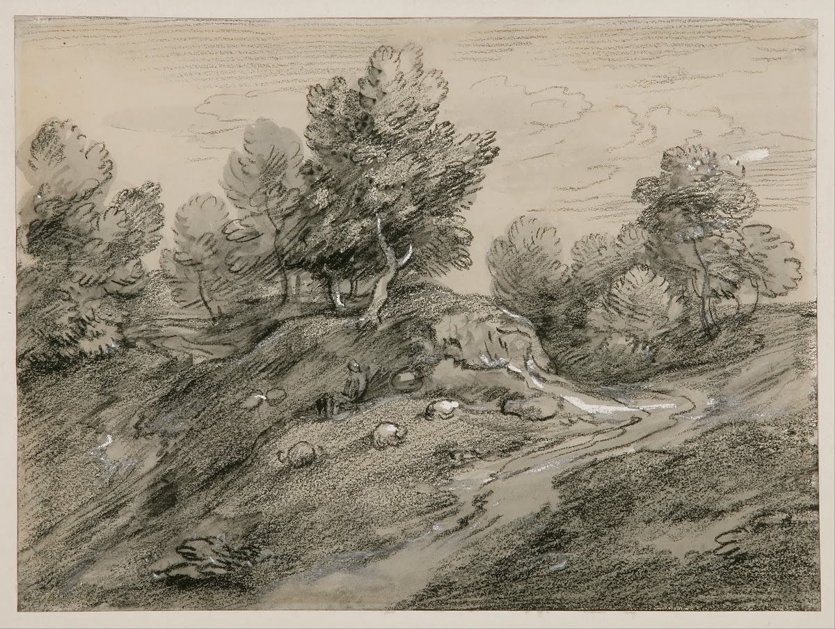 Wooded upland landscape with shepherd and sheep and country track winding around