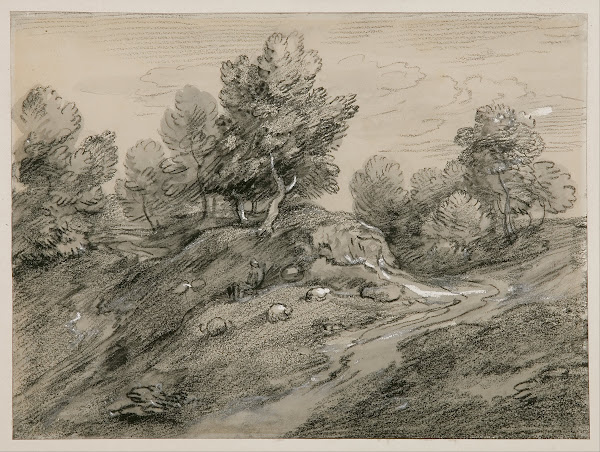 Wooded upland landscape with shepherd and sheep and country track winding around