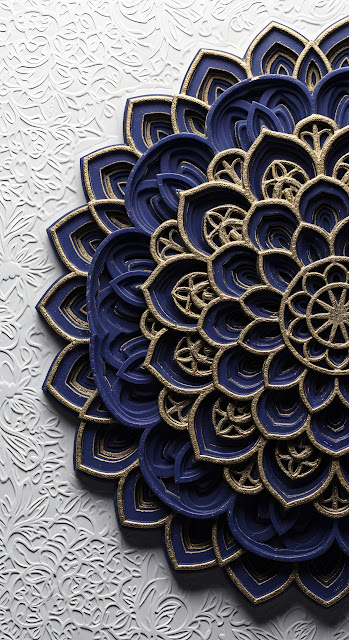 Intricate 3D Mandala Relief Pattern in Deep Blue and Gold Against a White Background - Free mobile Wallpaper