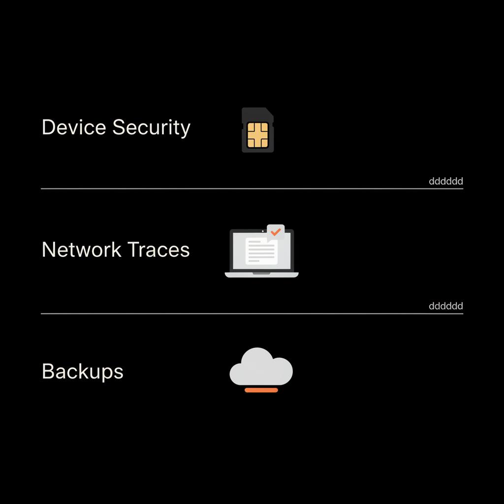 Minimal full-frame infographic with three lanes labeled Device Security, Network Traces, Backups, featuring SIM, laptop (generic WhatsApp Web), and cloud icons to trace WhatsApp account