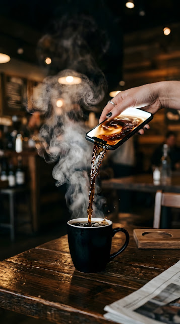 Surreal Photography of Coffee Pouring Out of a Smartphone Screen - Free mobile Wallpaper