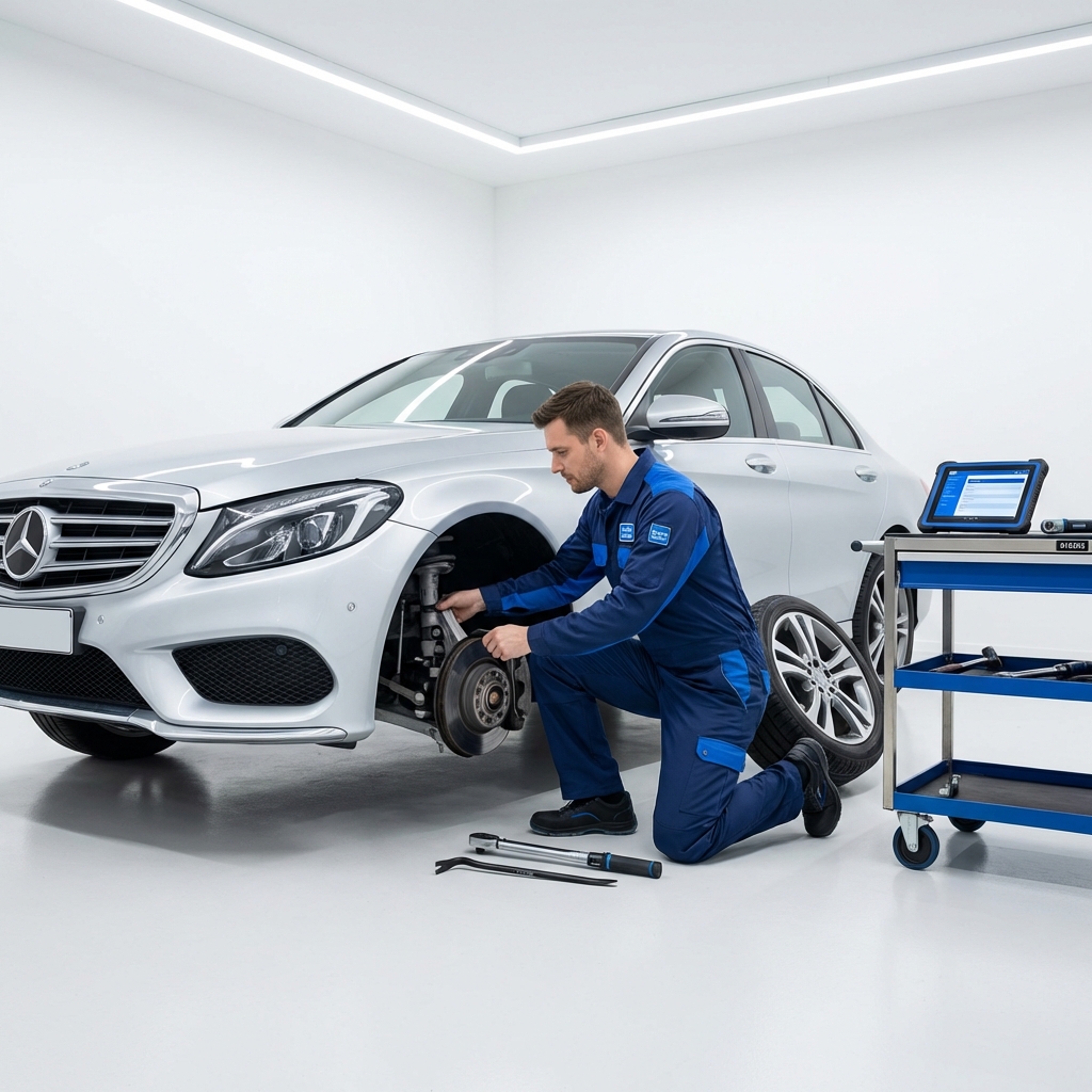 Mechanic performing a suspension check on a used mercedes for sale in a bright CarFax Deals garage focusing on control arms wheel hub and wheel area