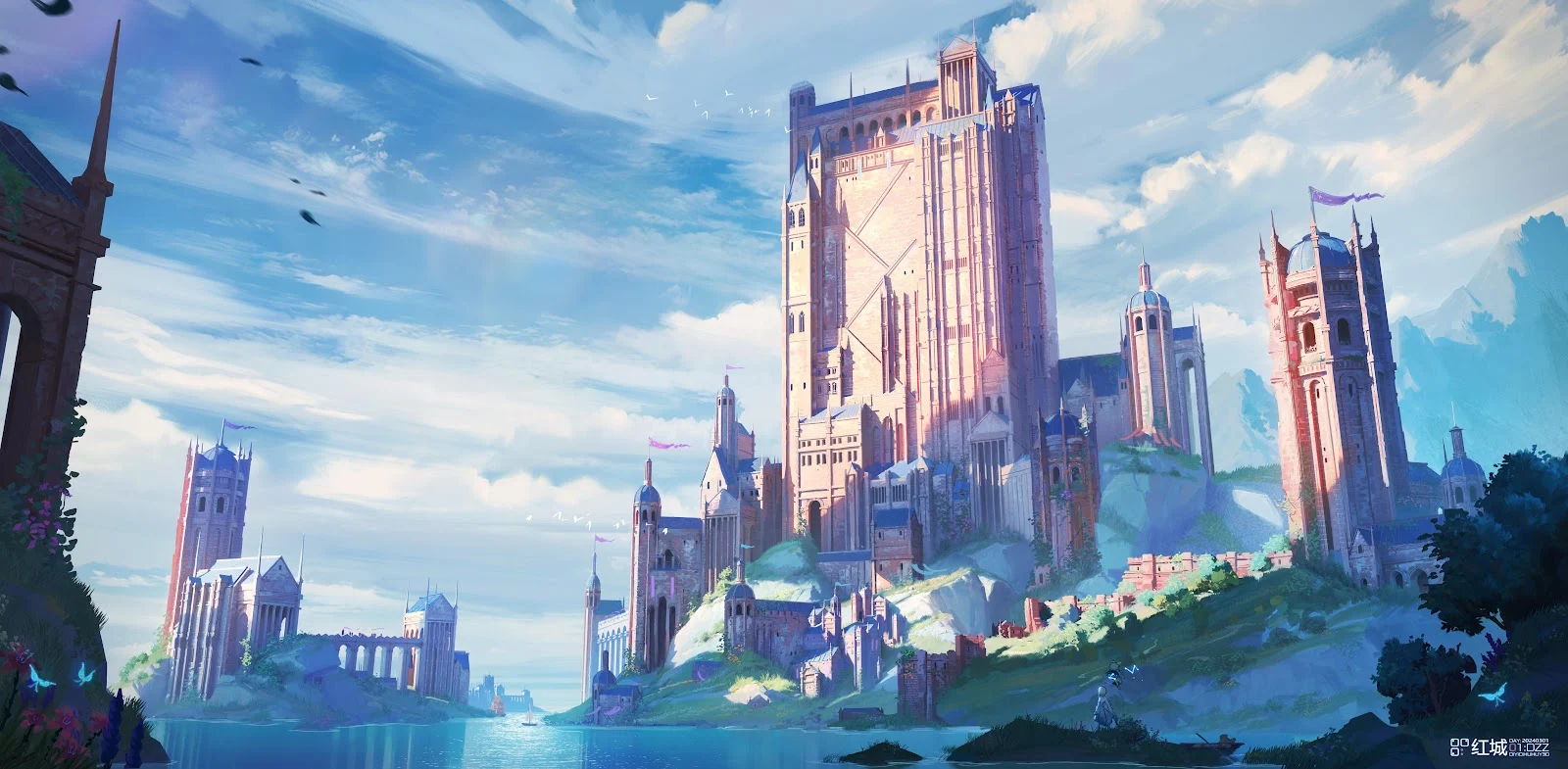 Majestic Fantasy Castle By The Sea - Digital Concept Art 5K Wallpaper (7680x3770)