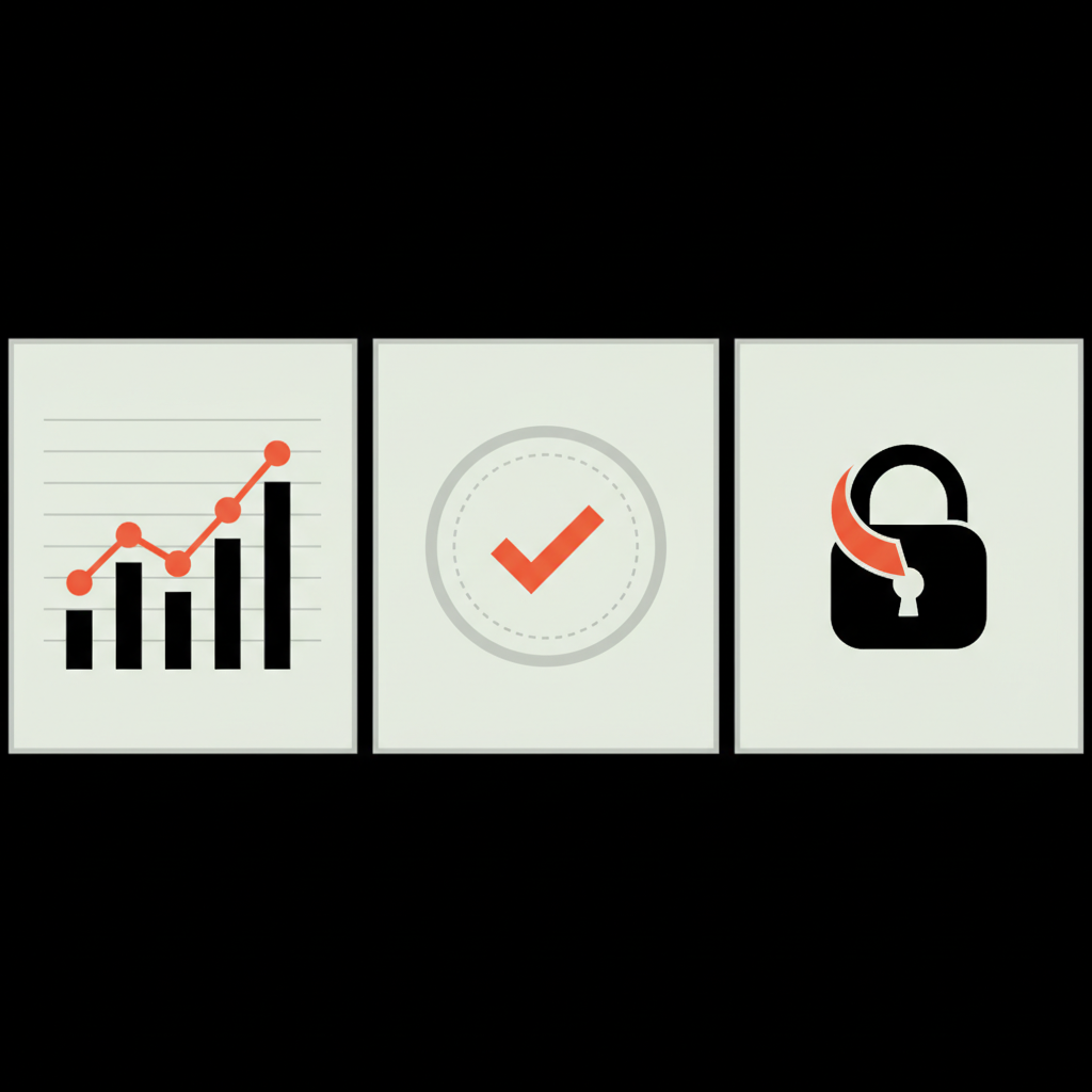 Minimal horizontal vector infographic with three panels — analytics chart, verified badge close-up, and locked privacy icon visualizing profile views and privacy